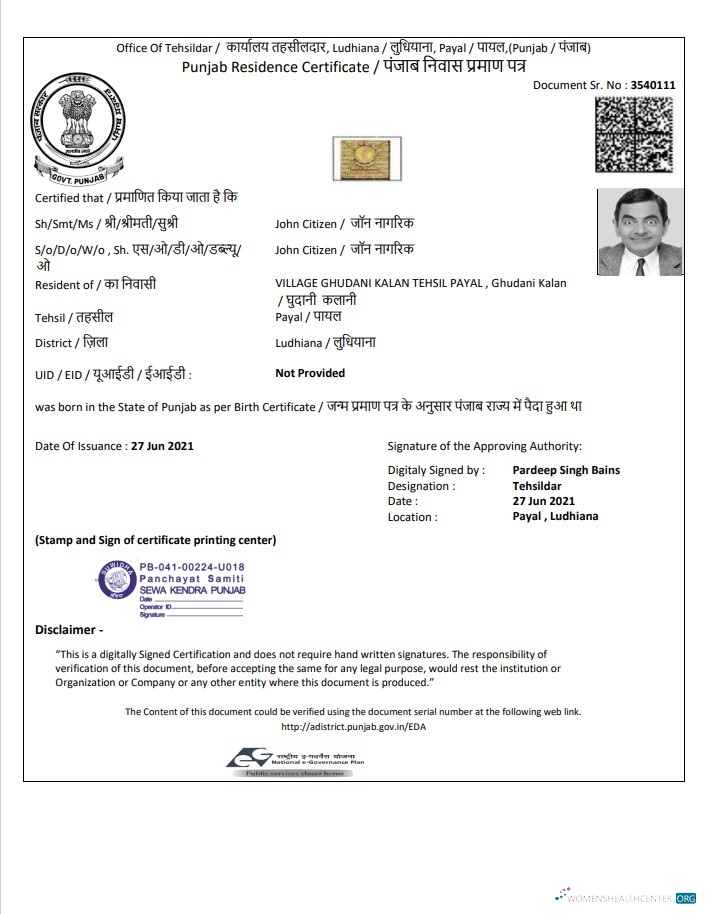 Download India Government of Punjab Residence Certificate template in Word and PDF format Photoshop template